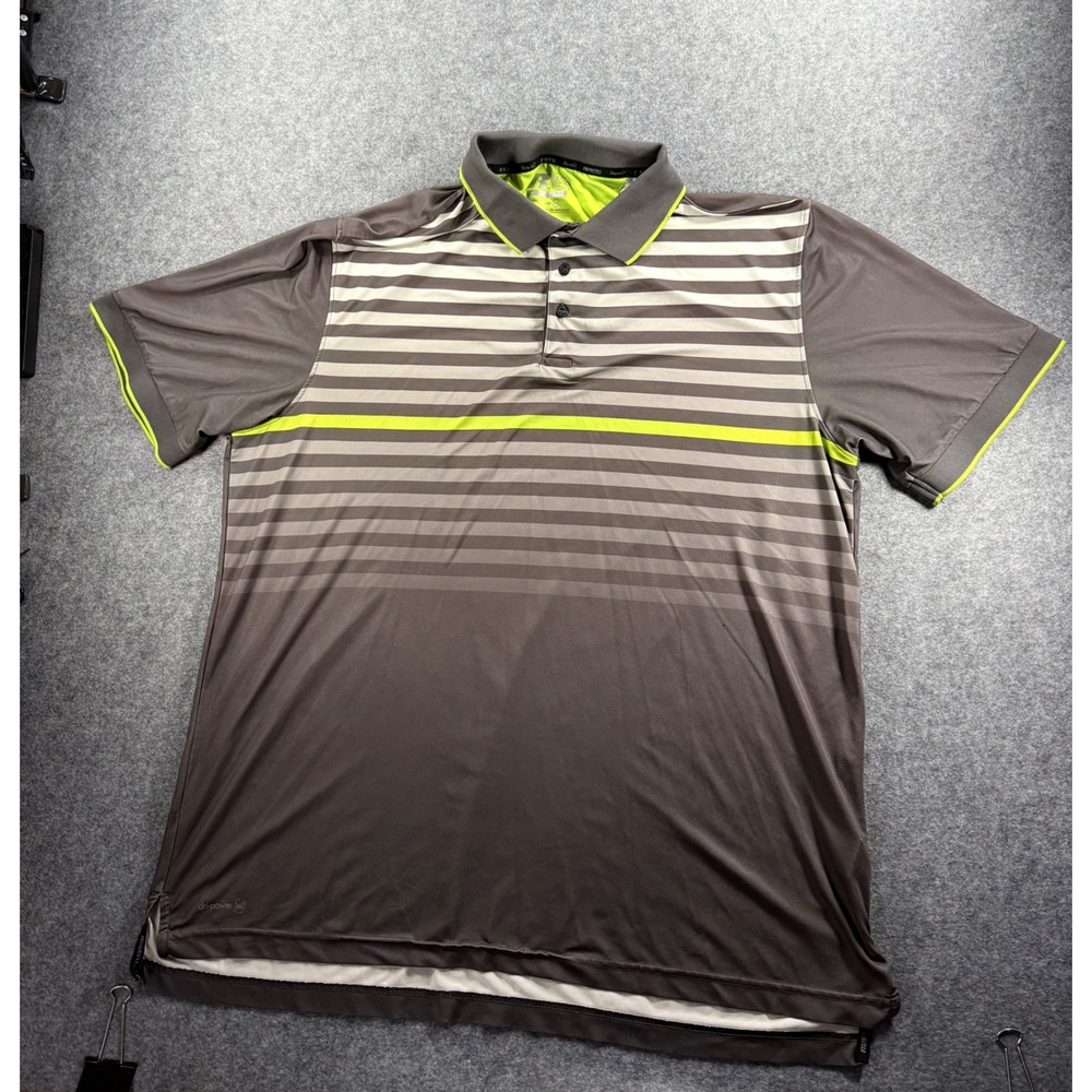 Russell Athletic Mens XL Grey Striped Dri-Power 360 Polo Shirt Neon Green Trim